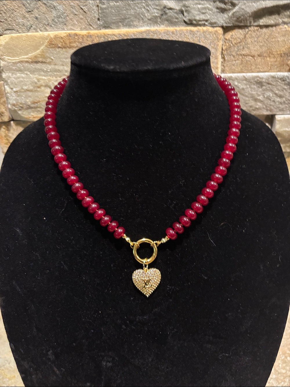 Red/cranberry Beaded Necklace with Gold Heart Pendant